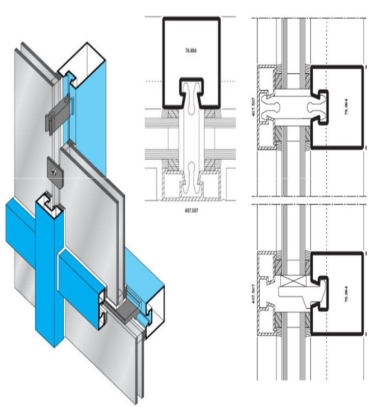 Multi perfil funcional da janela de alumínio de parede de cortina para a forma do retângulo da decoração